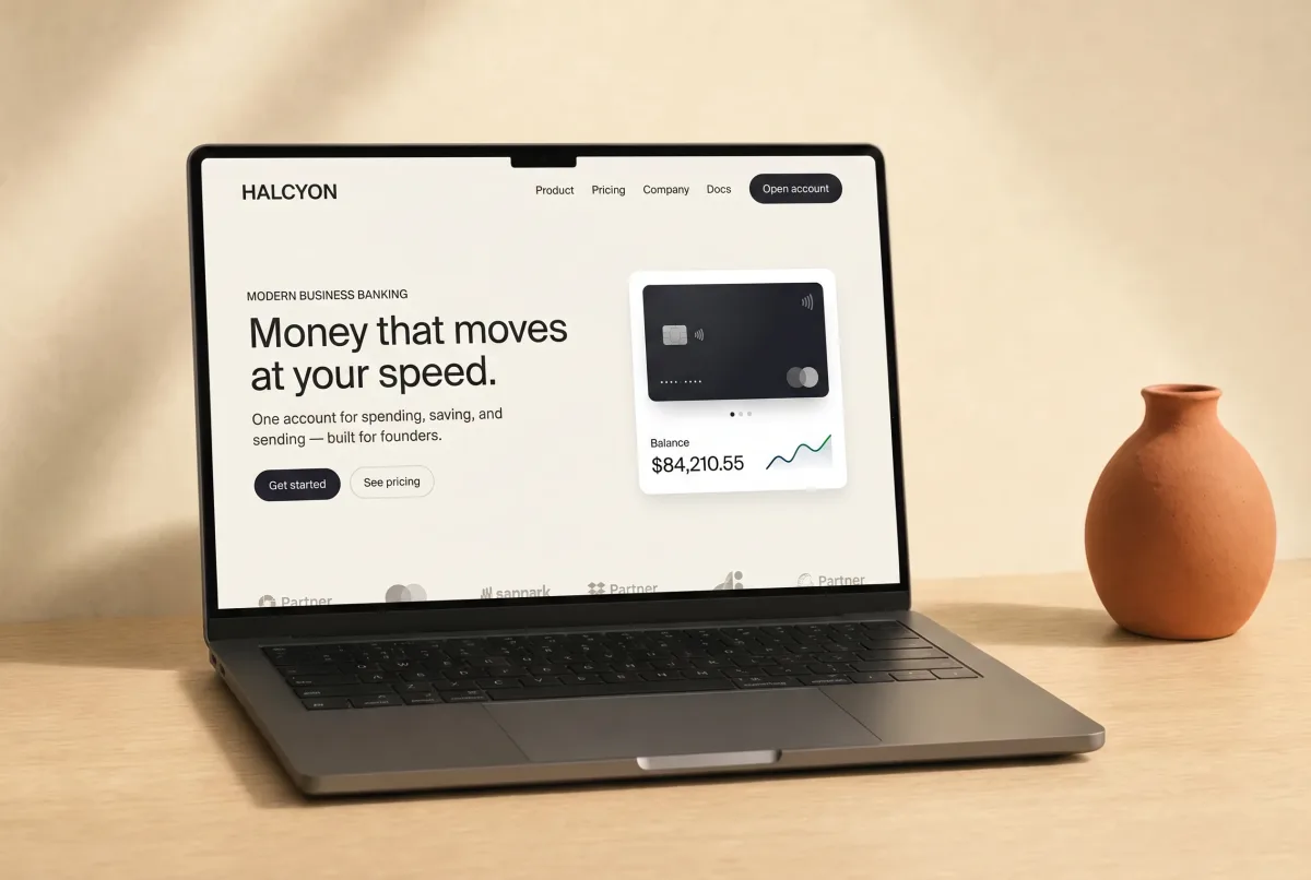 A fintech landing page on a laptop