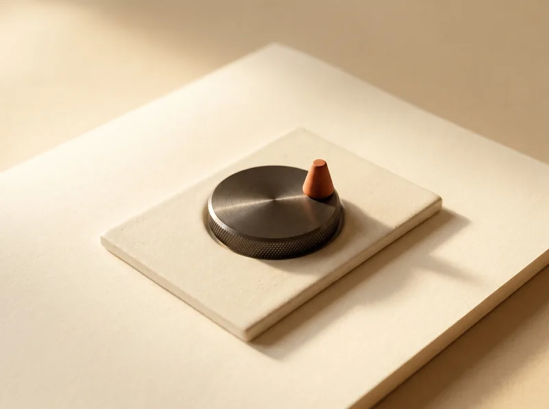 Brushed metal dial with a clay pointer on warm paper