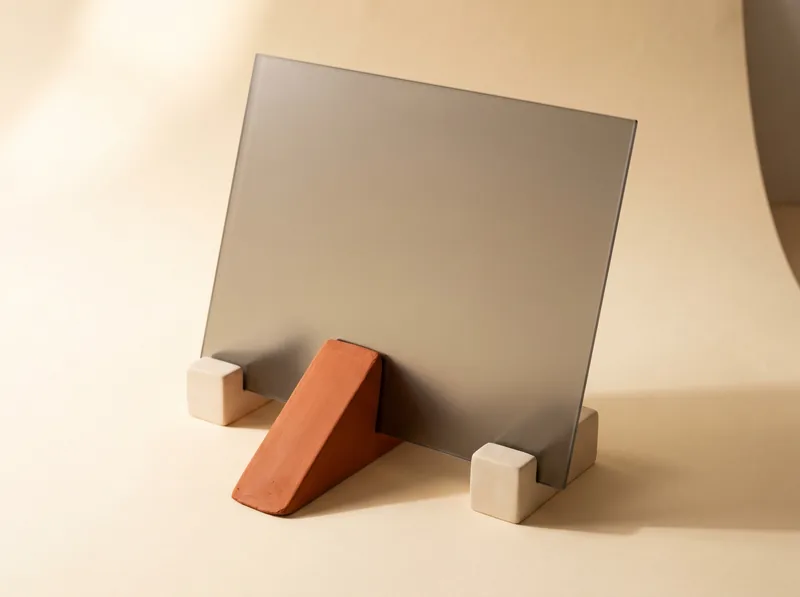 Matte panel propped on warm paper with a single clay edge